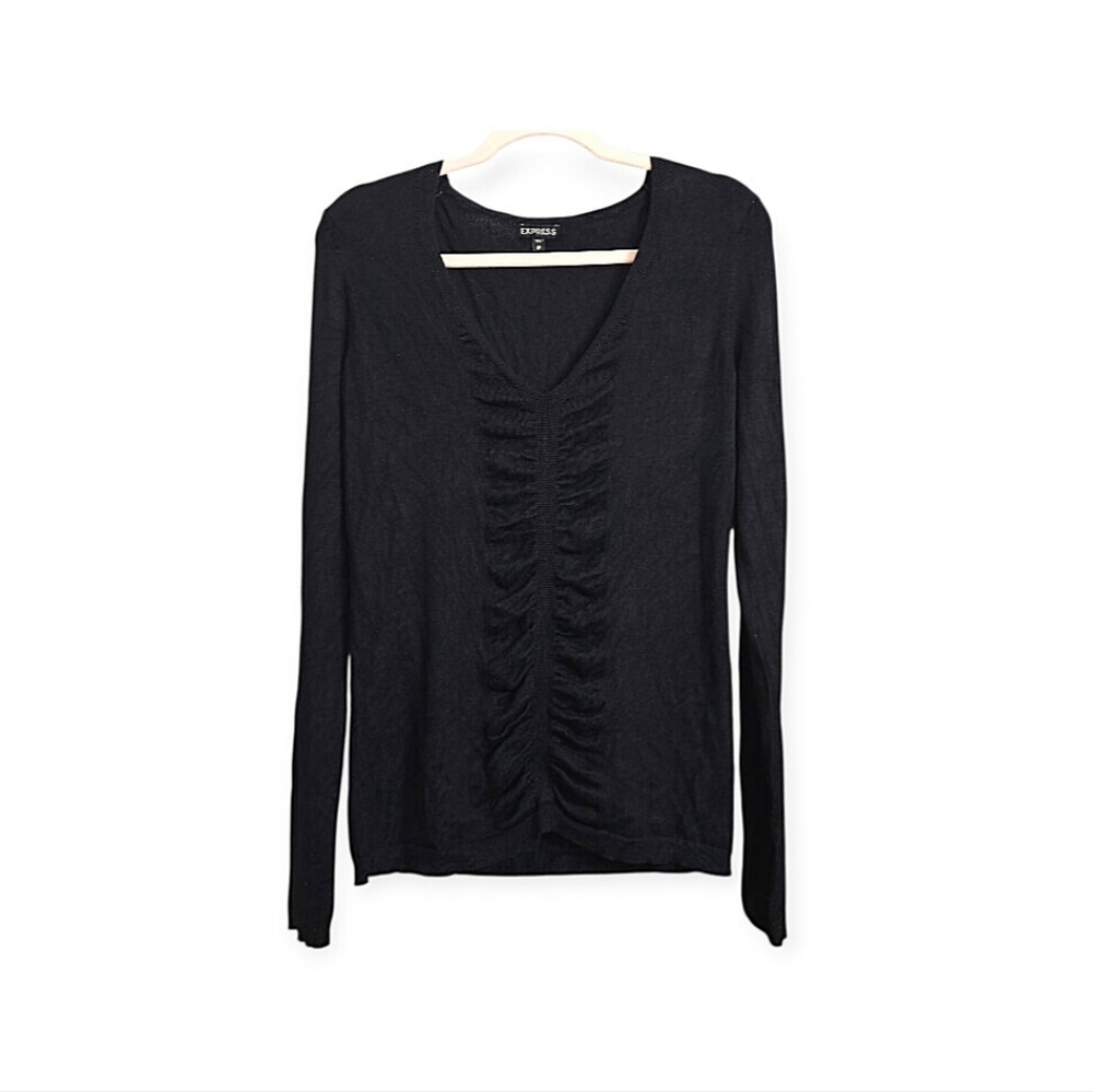 Express Black Rayon V Neck Sweater Ruched Center Size Medium